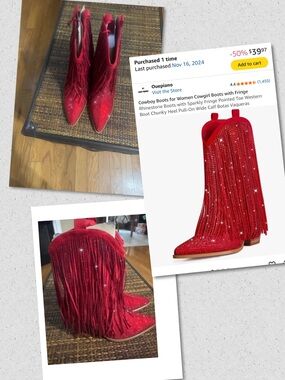 Red Rhinestone Fringe Cowboy Boots for Women